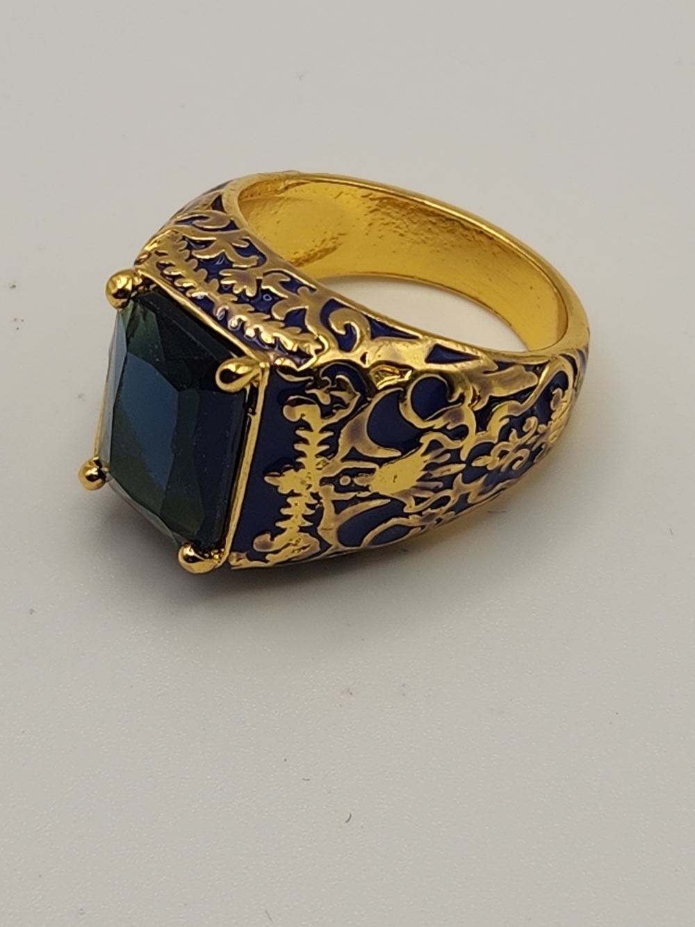 Vintage Style Blue Gemstone Ring Gold Tone Enamel Filigree Men’s Size 10